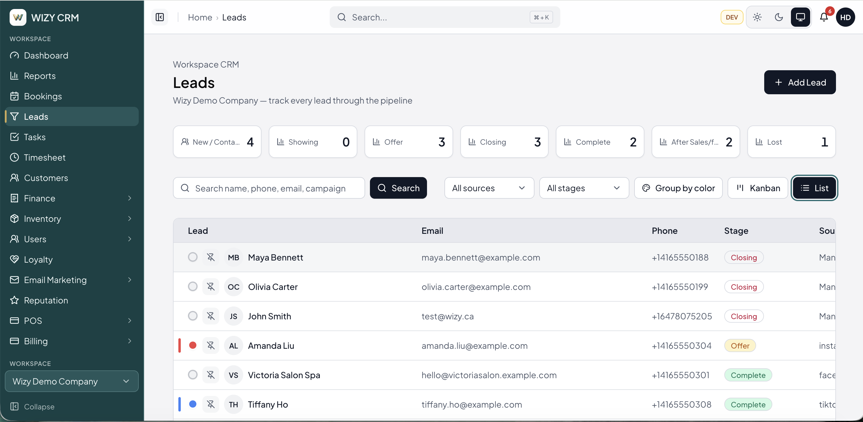 WIZY CRM — Pipeline lead theo từng giai đoạn